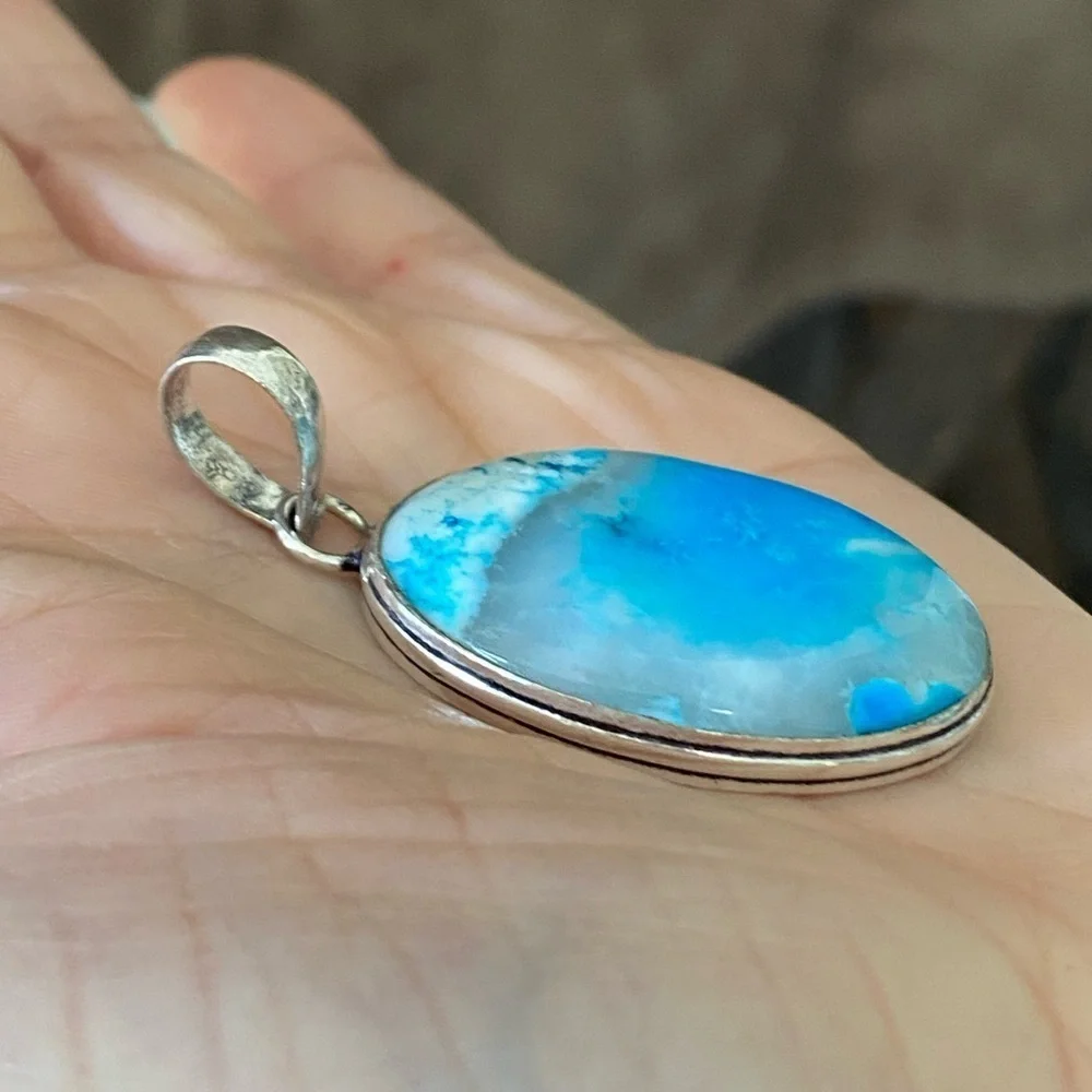 Blue Dyed Agate and 925 Sterling Silver Necklace Pendant